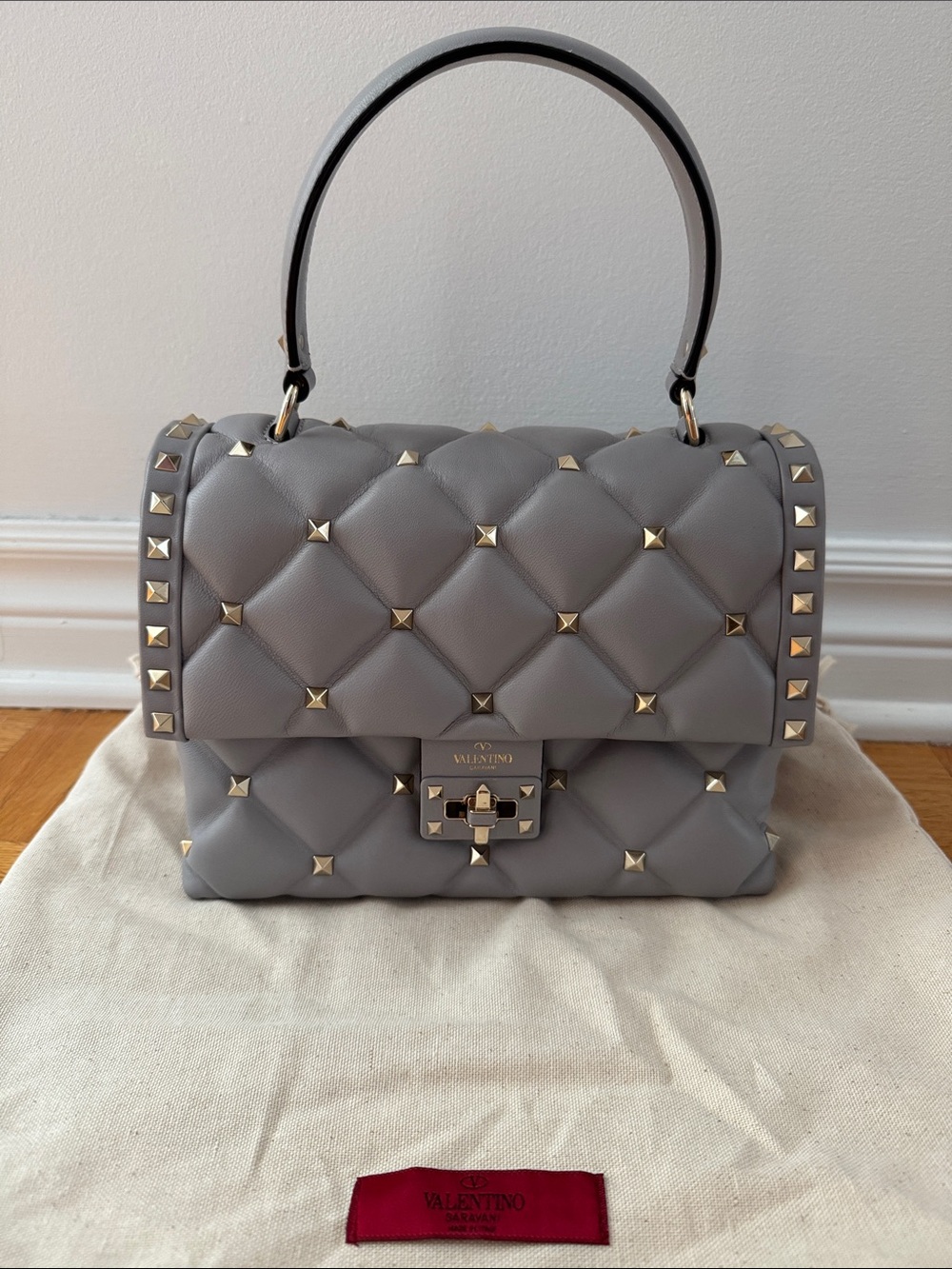 Valentino Garavani Gray Quilted Rockstud Top Handle Satchel